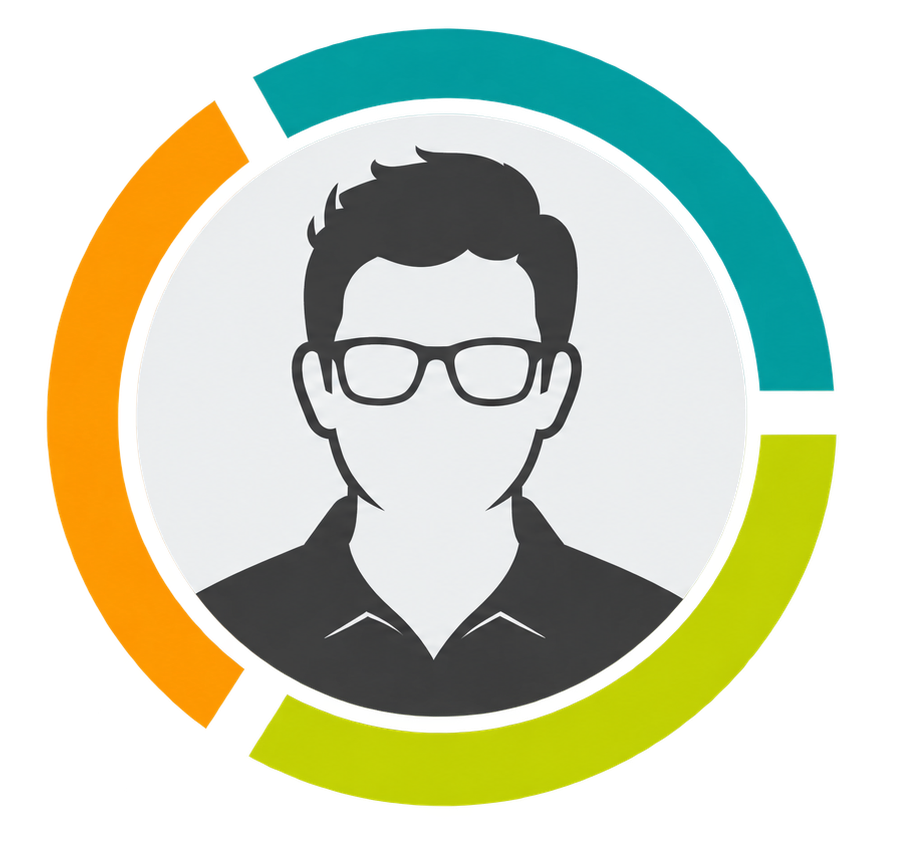 Illustrated avatar for James Springall, framed by orange, teal and lime Junius brand rings